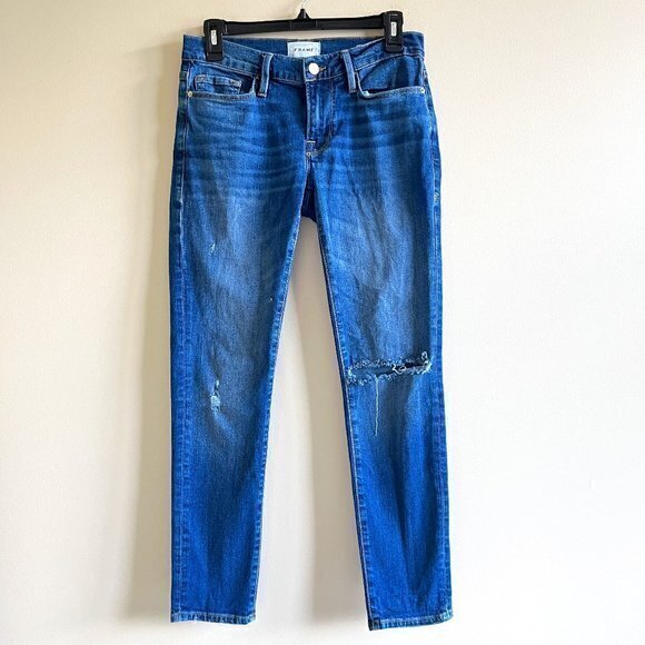 Frame Le Garcon Straight Leg Jeans In Eaton Blue Womens Size 24 Distressed Ankle - Picture 1 of 7